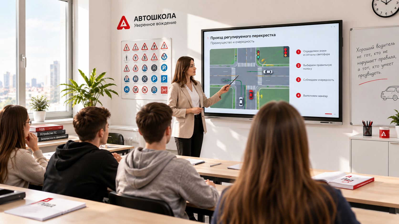 Ученики слушают теорию ПДД в современном классе автошколы
