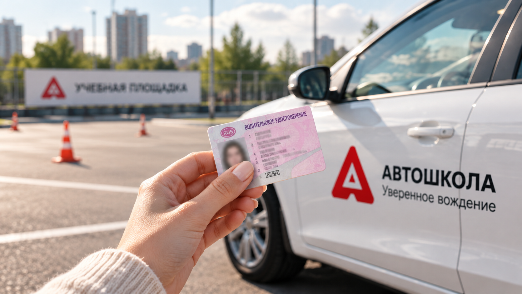 Водительское удостоверение в руке на фоне учебного автомобиля автошколы